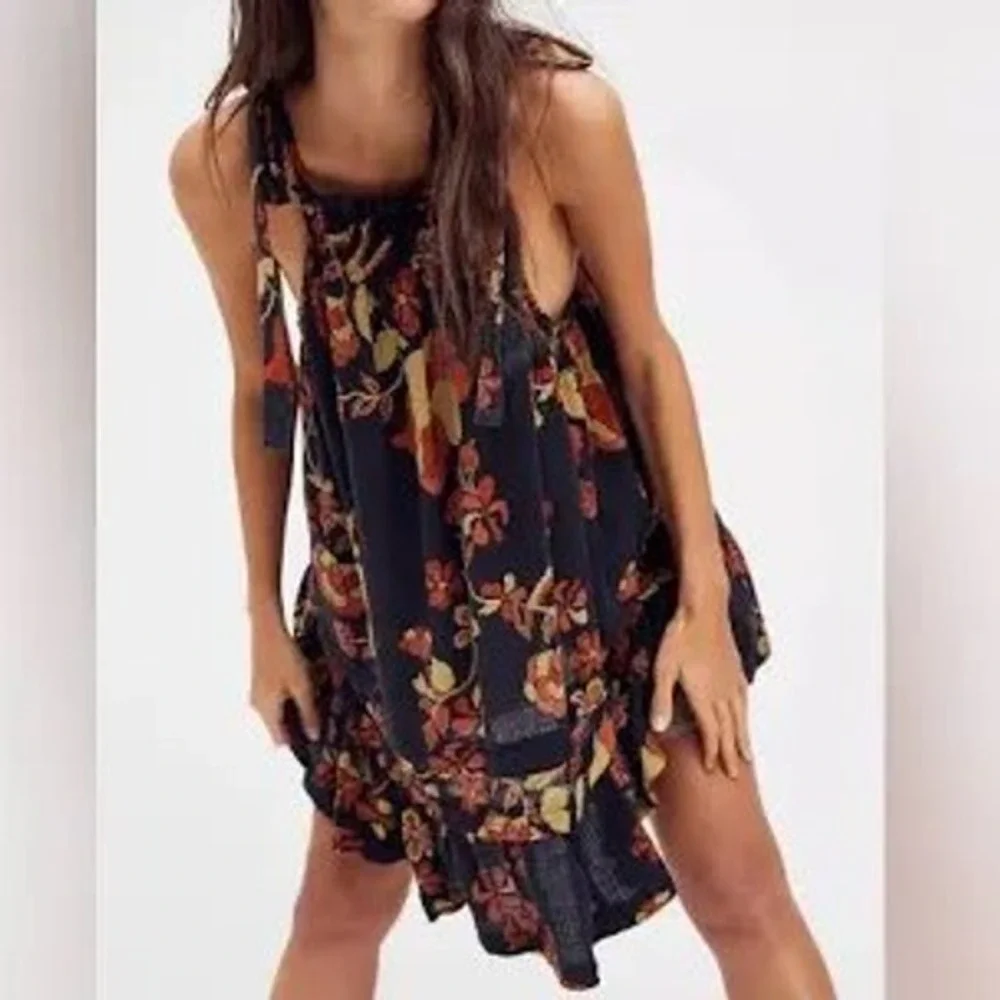 Free‎ People Floral Halter Tunic Top XS Charcoal Orange Tiered Ruffle Gauze Mini